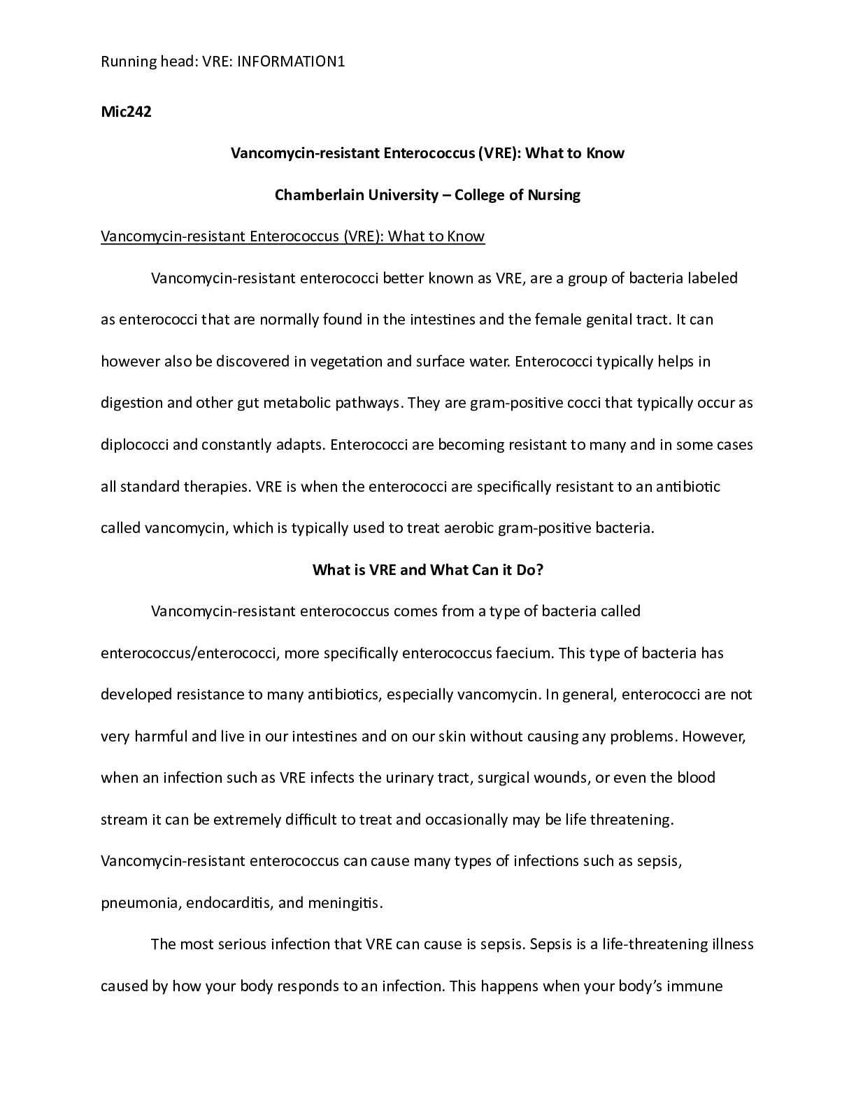 Preview image of Pick Your Pathogen Micro 242.docx  Mic242  Vancomycin-resistant Enterococcus (VRE): What t document